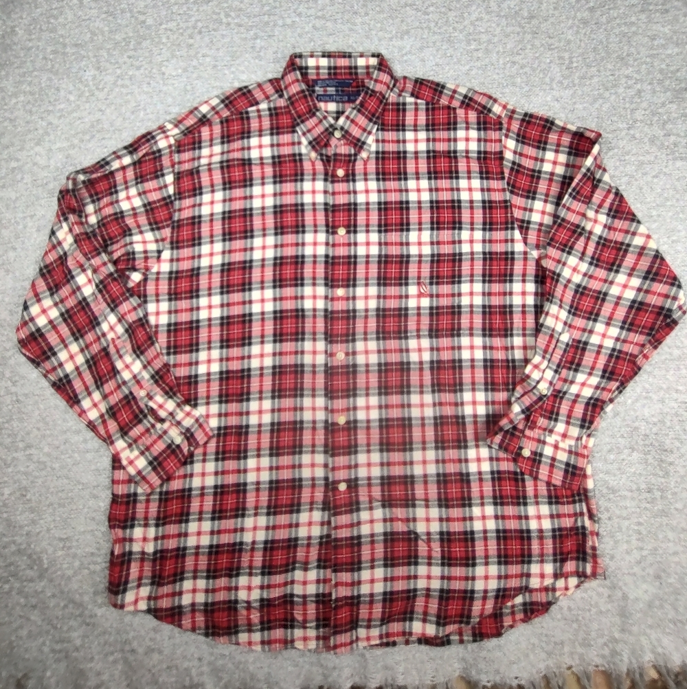 Nautica Men's Red Plaid Shirt Button Down XL Cotton